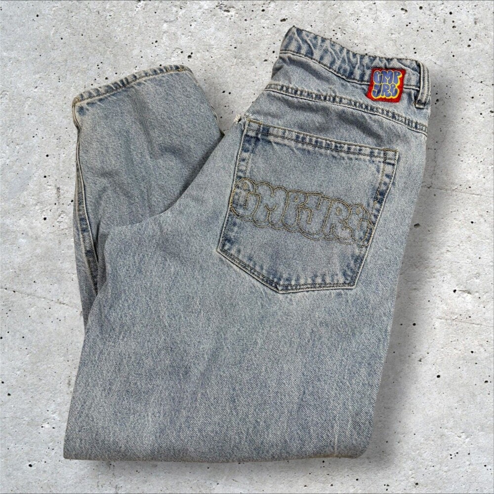Empyre Light Wash Baggy Skate Jeans Mens 30 Y2K Loose Fit Blue Embroidered Logo